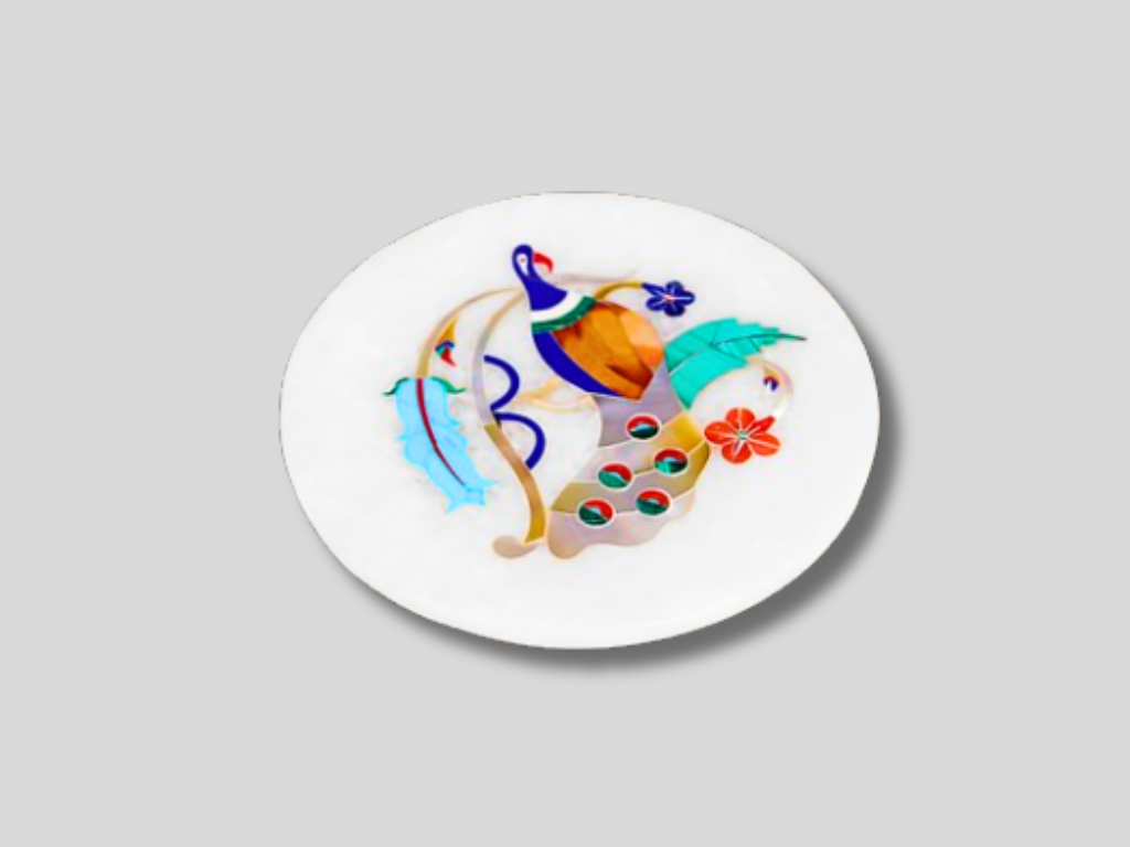 Amazing Marble Single Coaster Plate Inlay Floral Peacock Artwork Table Decor