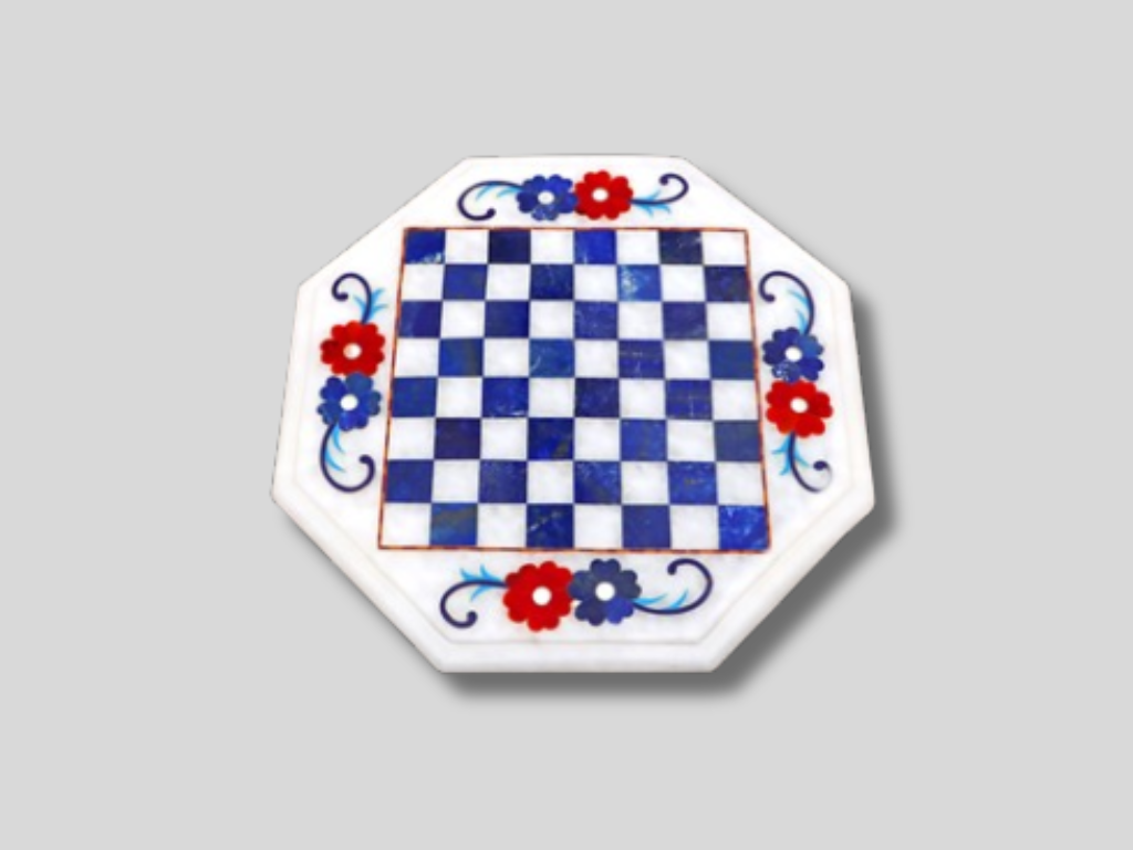 Amazing White Marble Chess Game Board Table Lapis Floral Design Home Decor