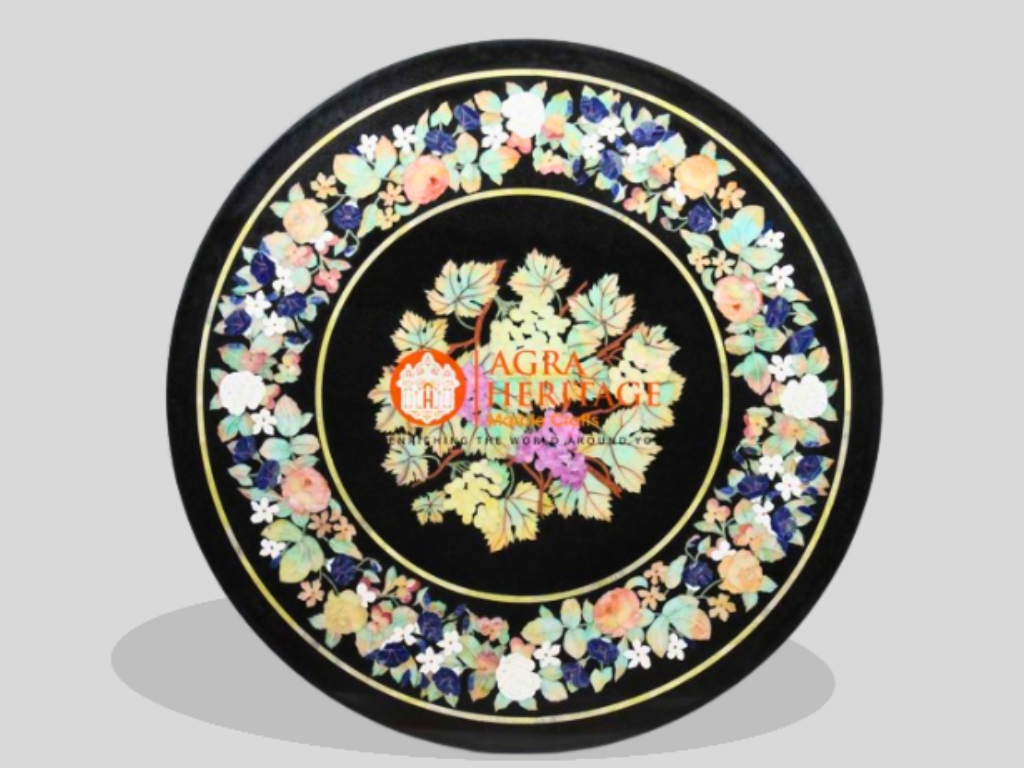 Black Marble Coffee Inlay Table Top Floral Handicraft Design