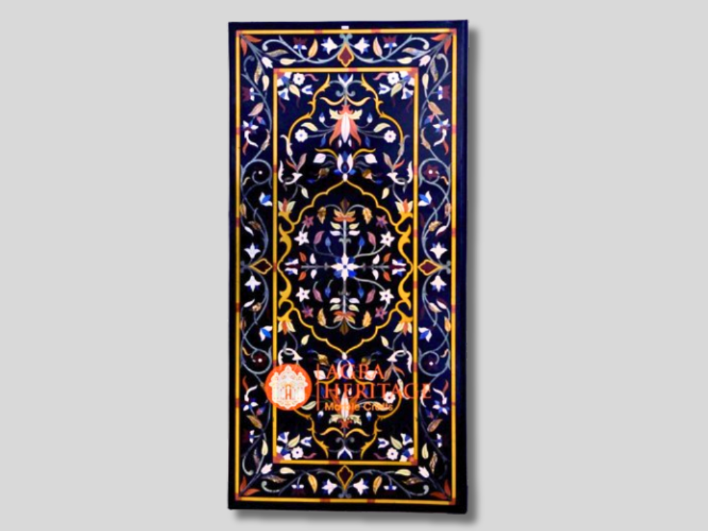 Black Marble Inlay Dining Stone Table Top Floral Marquetry Decor