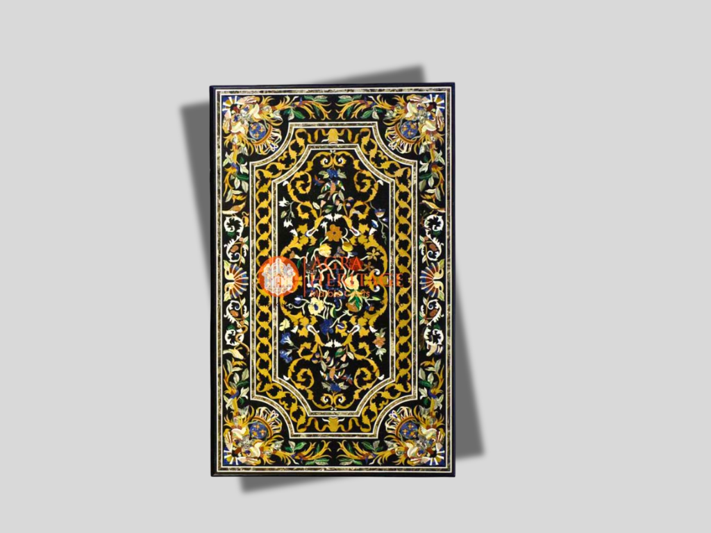 Black Marble Inlay Dining Stone Table Top Pietra Dura Design