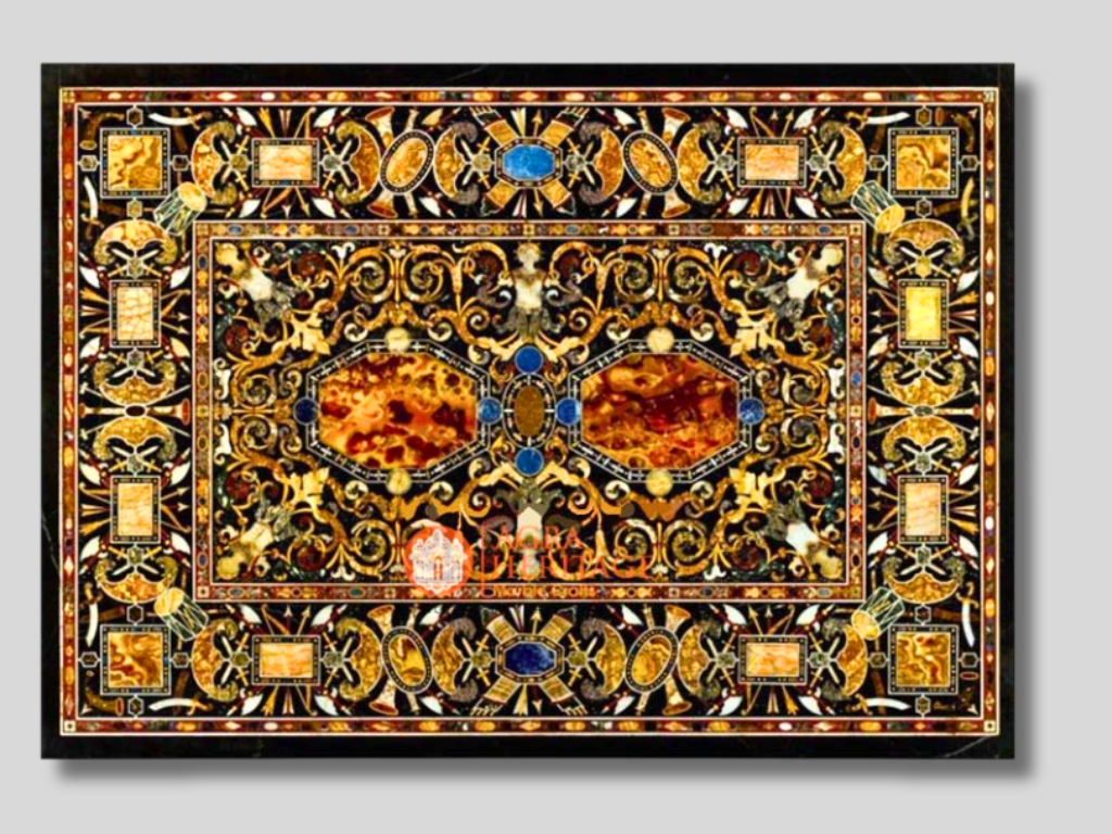 Black Marble Marquetry Inlay Gemstone Work Decor Table Top