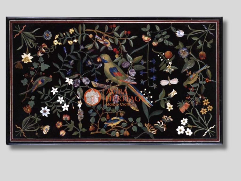 Black Marble Parrot Art Marquetry Inlaid Floral Table Top