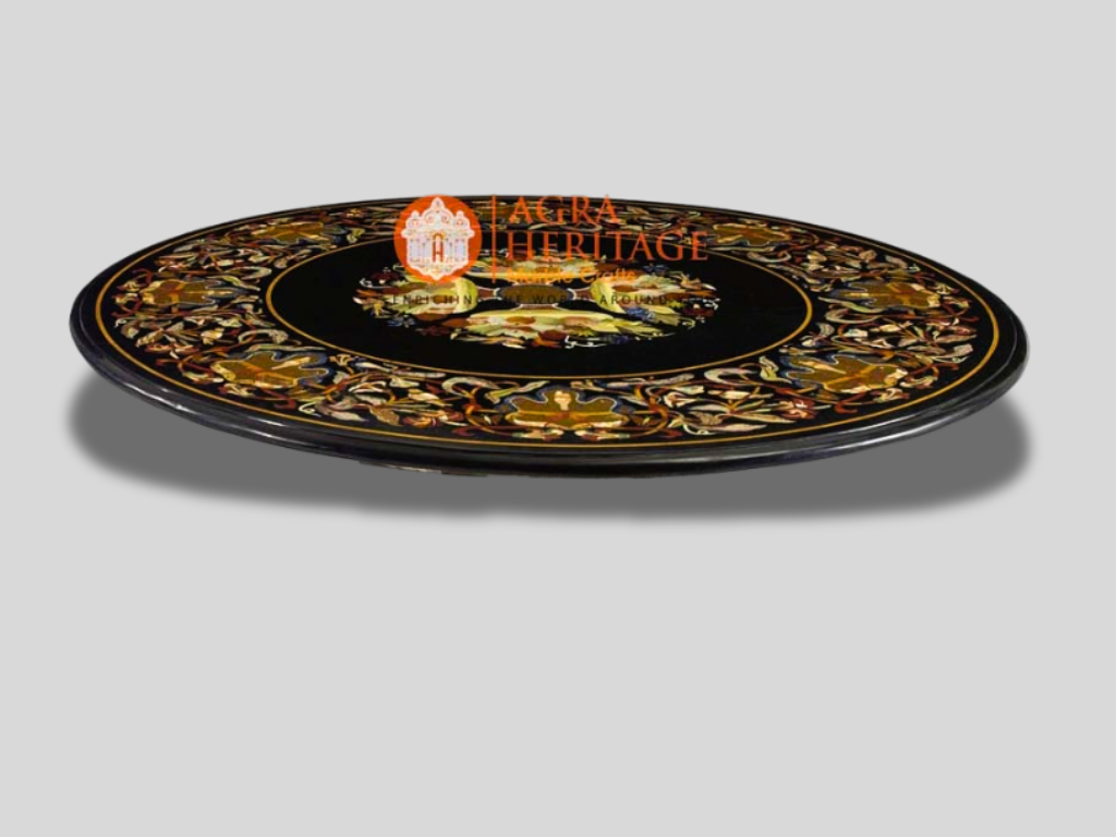 Black Marble Pietra Dura Round Dining Inlay Table Top For Home