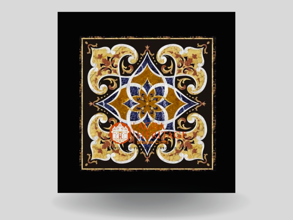 Black Marble Side Dining Table Top Pietra Dura Inlay Design