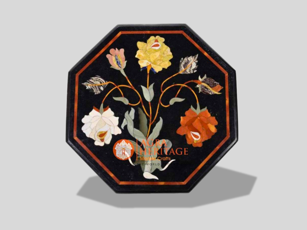 Black Marble Small Octagon Coffee Table Top Floral Inlay Design