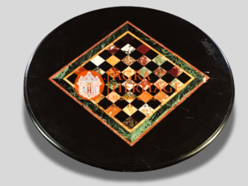 Black Round Marble Chess Coffee Table Top Inlay Stone Decor