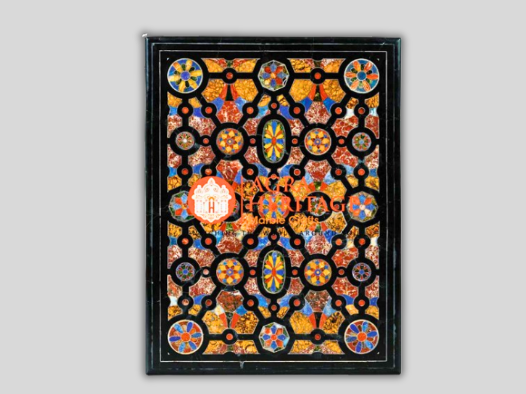 Black Stone Marble Top Dining Table Pietra Dura Inlay Design