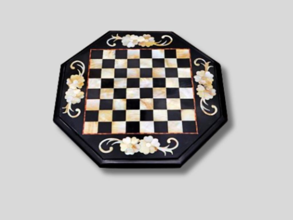 Custom Black Marble Chess Table Antique Gem Stone Inlaid Mosaic Home Decor