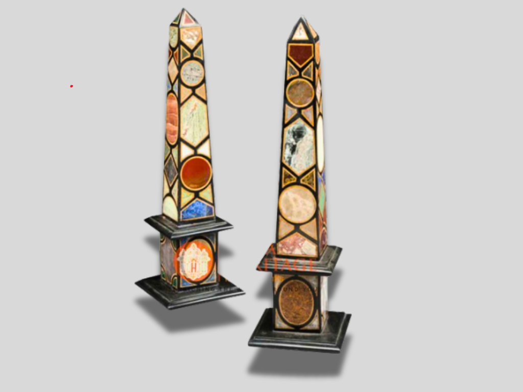 Decorative Marble Obelisks Pair Italian Pietra Dura Arts