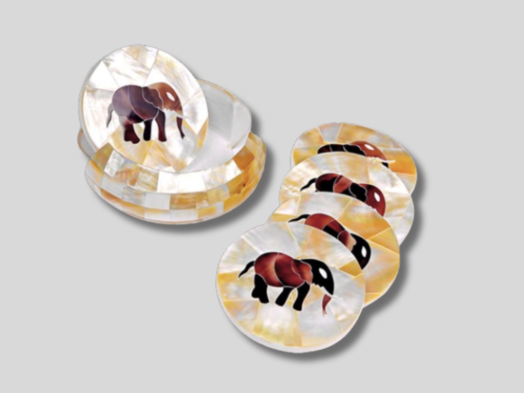 Designer Marble Bar & Drink Coaster Set Inlay Mother Of Pearl Elephant Decor Art