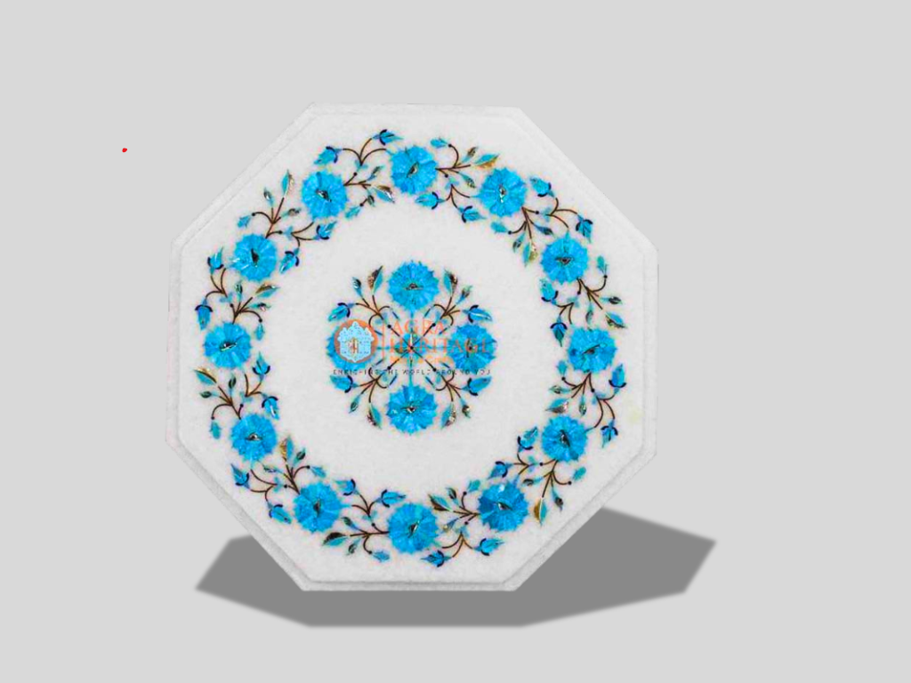 Handicraft Marble Inlay Top Coffee Table Turquoise Pietradura Art