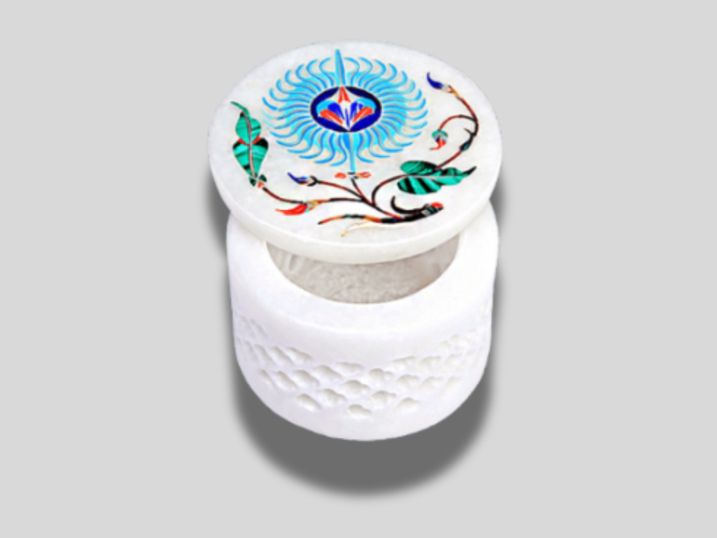 Italian Filigree Design Round Ring Jewelry Box Hand Carved Multi Gem Stone Inlaid Art