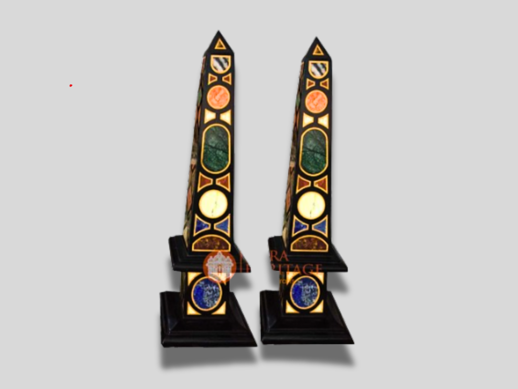 Italian Marble Pair of Obelisks Pietra Dura Arts