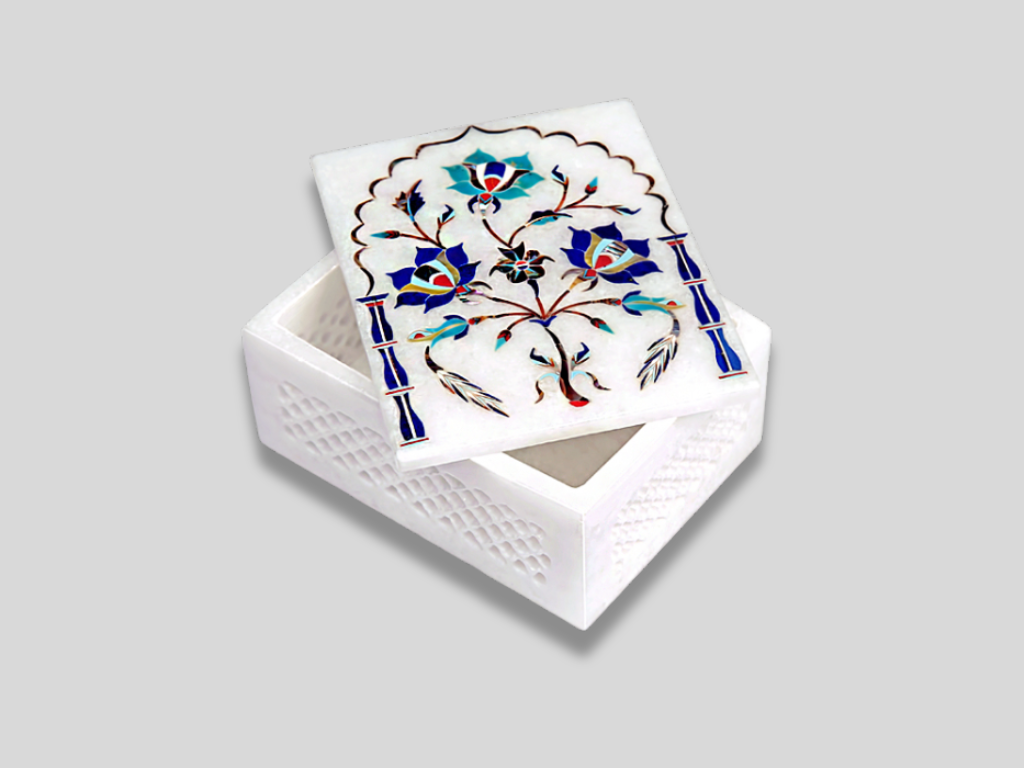 Lapis Floral Fine Inlay Marble Trinket Jewelry Box Traditional Lattice Jali Work