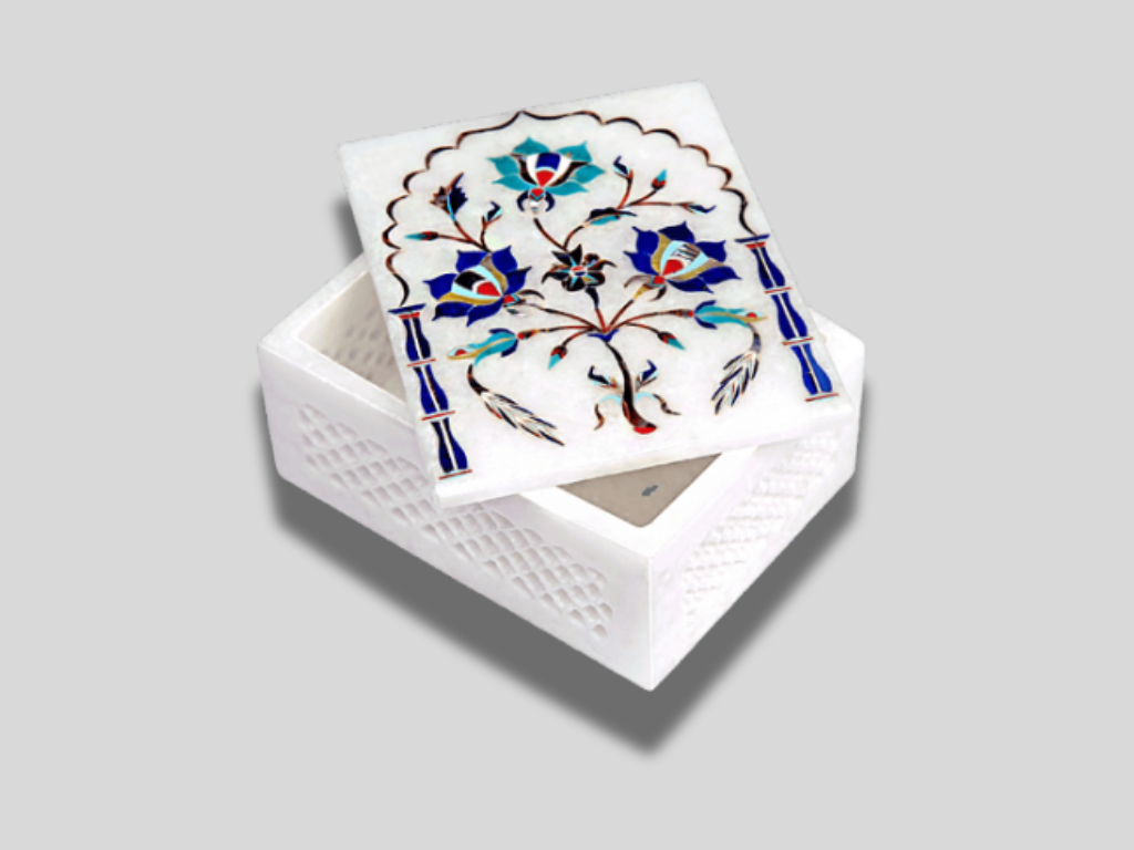 Lapis Floral Fine Inlay Marble Trinket Jewelry Box Traditional Lattice Jali Work