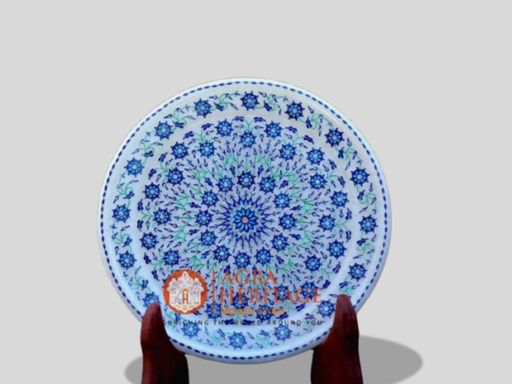 Lapis Lazuli Malachite Inlay Floral Design Marble Plate