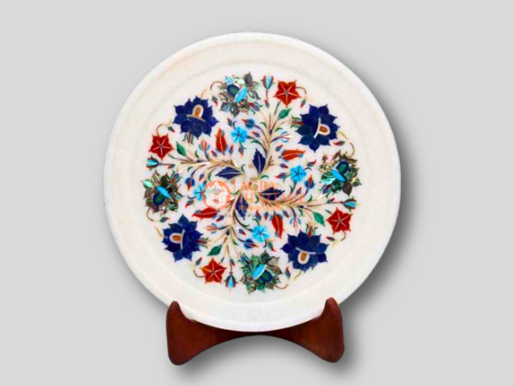 Marble Collectible Food Plate Lapis Multi Stone Floral Art