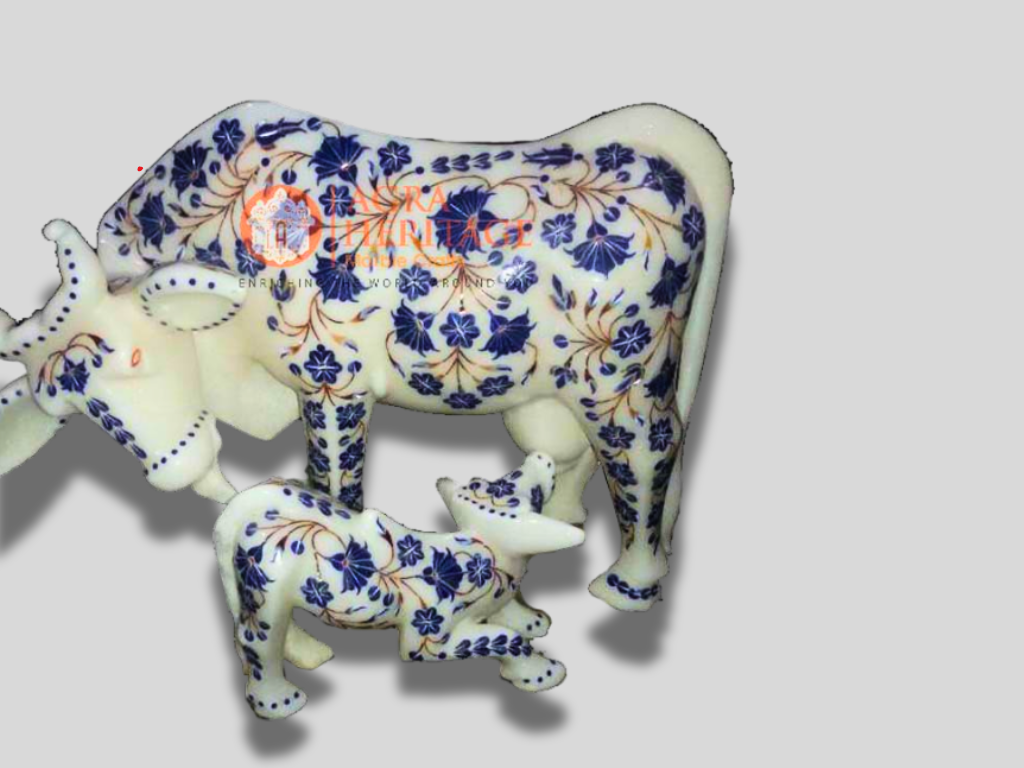 Marble Cow & Calf Statue Lapis Lazuli Inlay Floral Arts