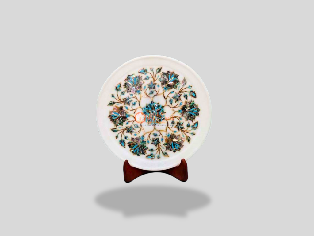 Marble Inlay Decorative Plate Pauashell Floral Marquetry Art