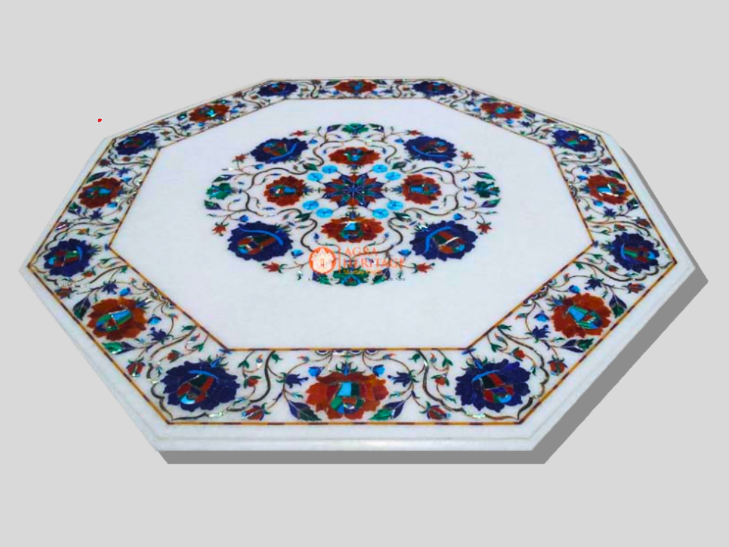 Marble Inlay Table Top Lapis Carnelian Floral Stone Art Patio Decor