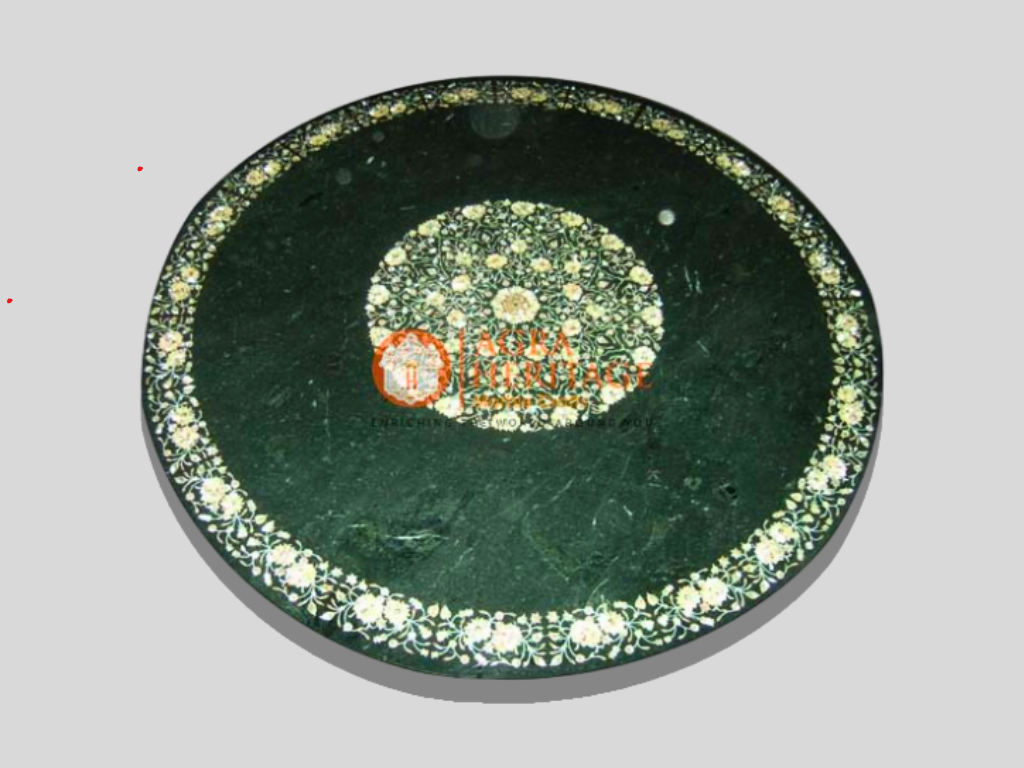 Marble Round Center Table Top MOP Gemstone Inlaid Marquetry Arts