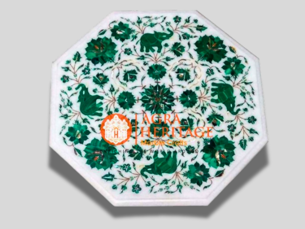 Marble Stone Coffee Table Top Malachite Inlay Floral Elephant Arts