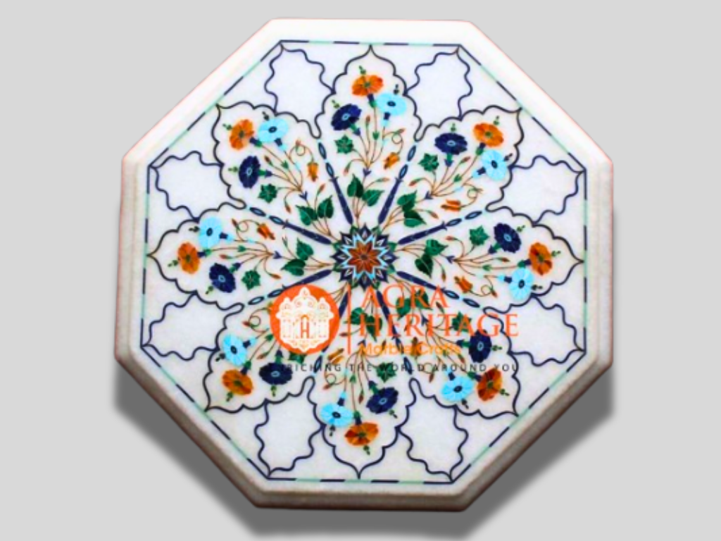 Marble Top White Coffee Table Multi Marquetry Inlay Floral Design