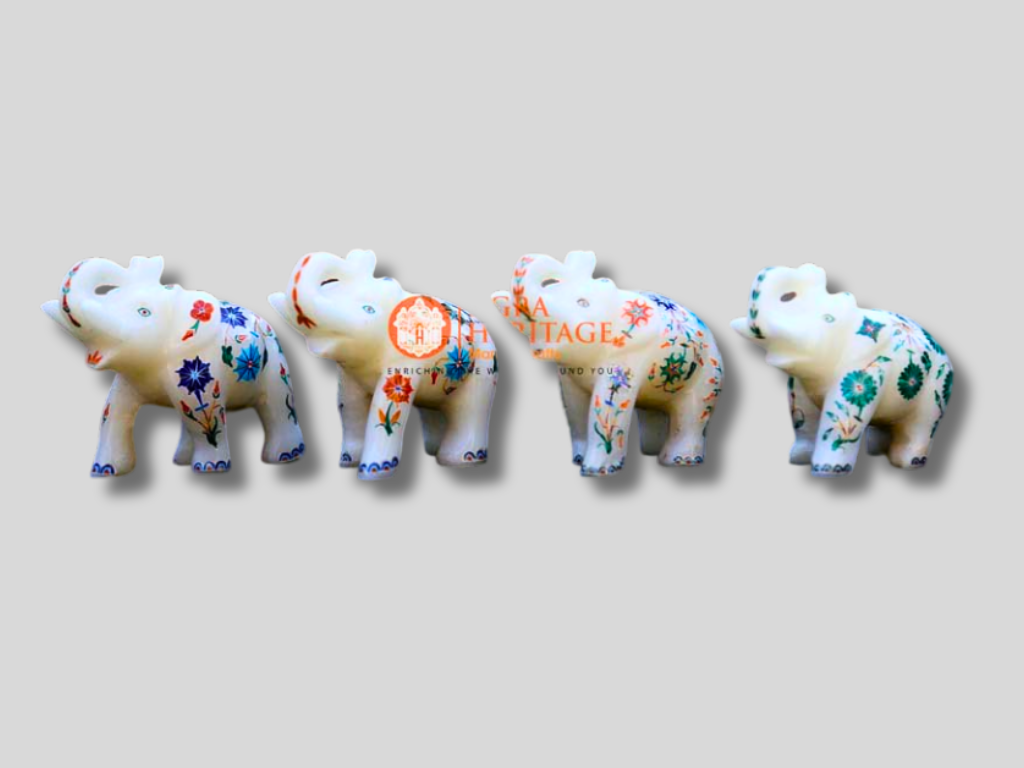 Multi Inlay Stone White Marble 4 Pcs of Elephant Figurine