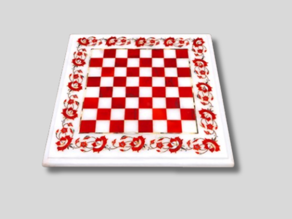 Natural Marble Chess Board Floral Carnelian Hand Carved Inlay Art Play For Adults