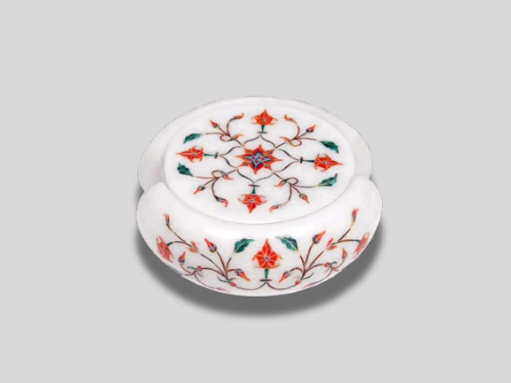 Natural White Marble Coaster Set Made In India Precious Stone Decor Inlay Art