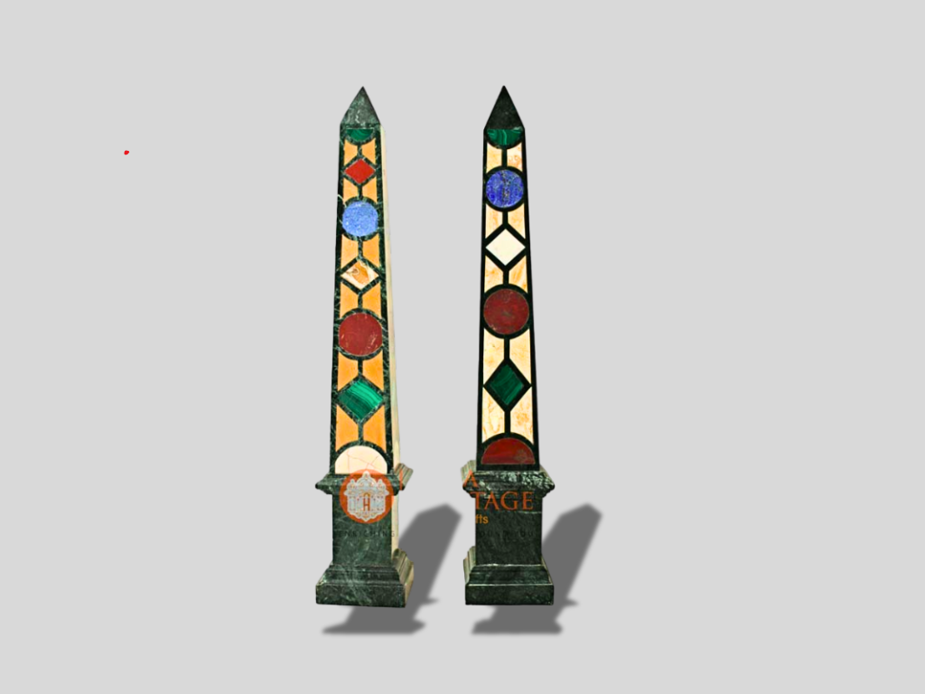 Pair of Marble Obelisks with Italian Pietre Dura Mosaic Arts