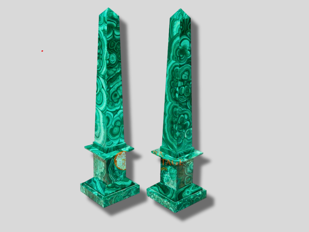 Pair of Marble Specimen Obelisks Malachite Inlay Arts