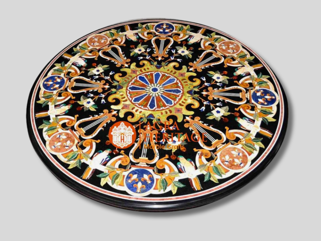 Pietra Dura Black Marble Round Dining Inlay Table Top Decor