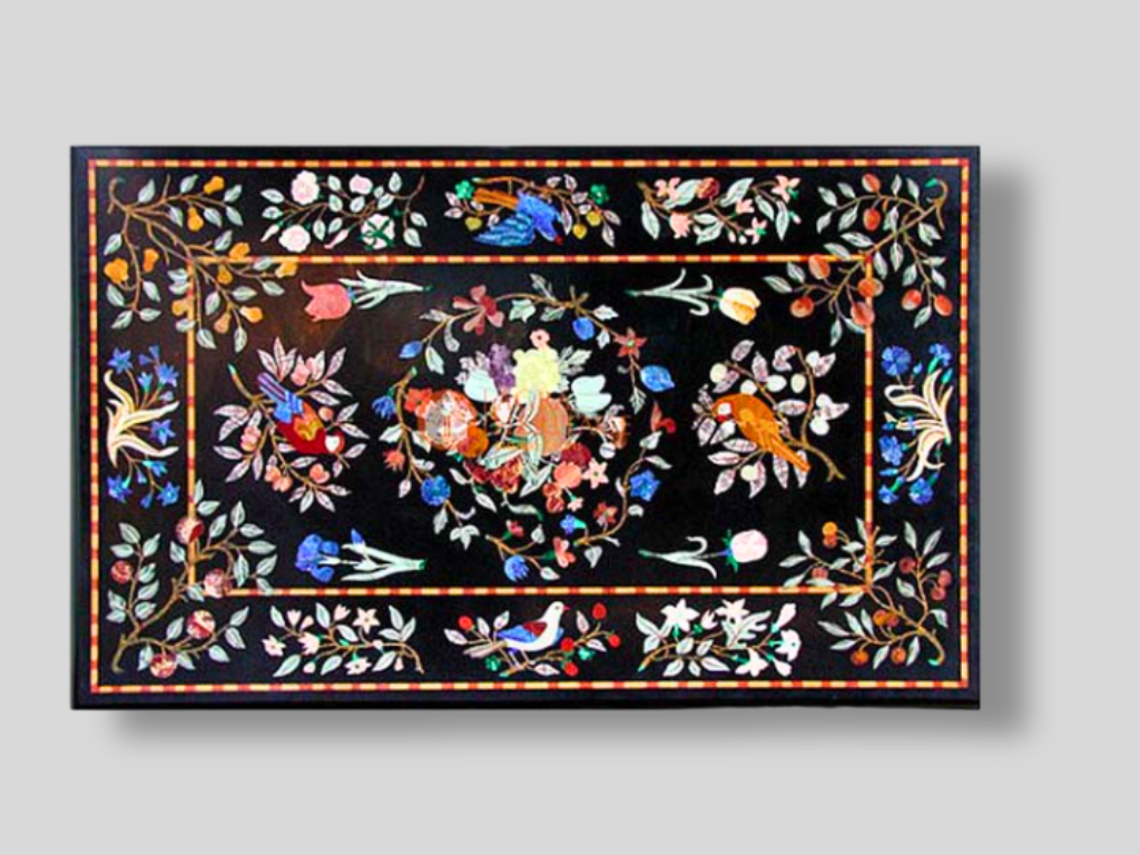 Pietradura Inlay Design Black Marble Dining Table Top Buy Online In India