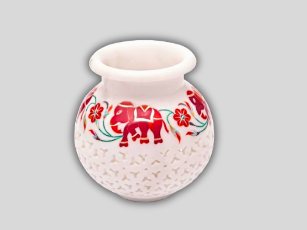 Round Marble Designer Vase Filigree Elephant Inlay Stone Art Home Decor