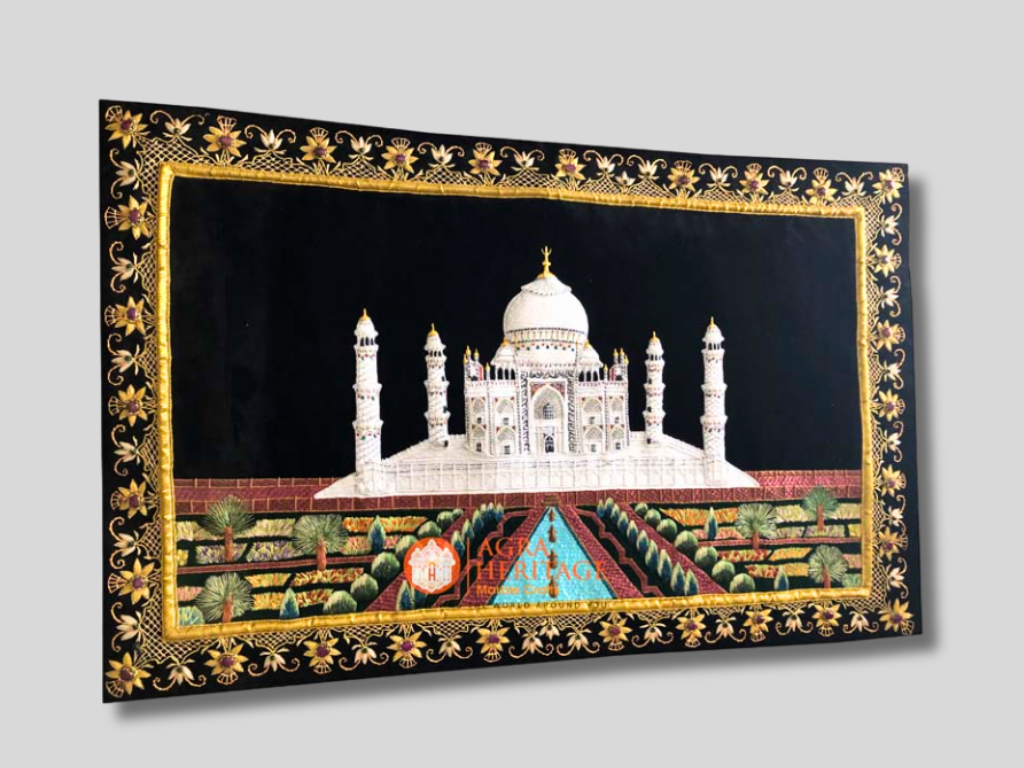 Tajmahal Art Embroidery With Gold String Zari Wall Hanging