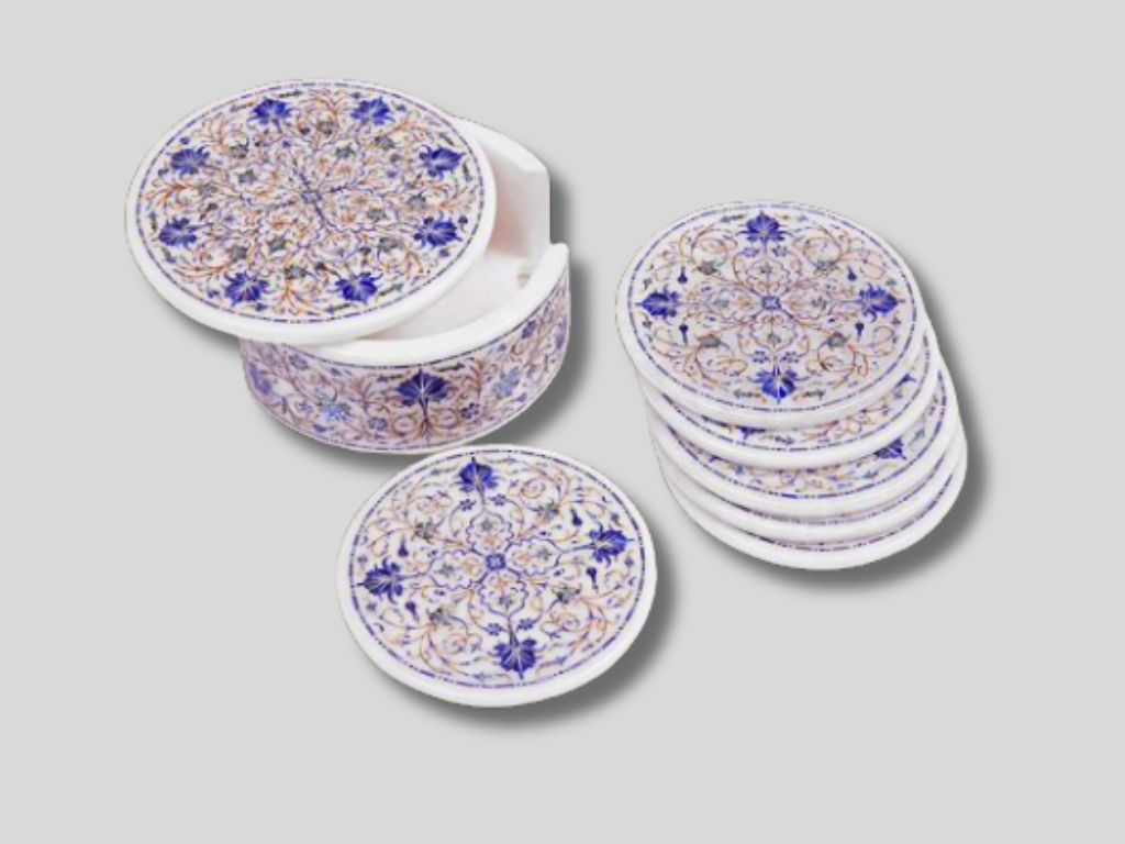 Top White Marble Glassware Coaster Set Inlay Lapis Floral Fine Marquetry Art