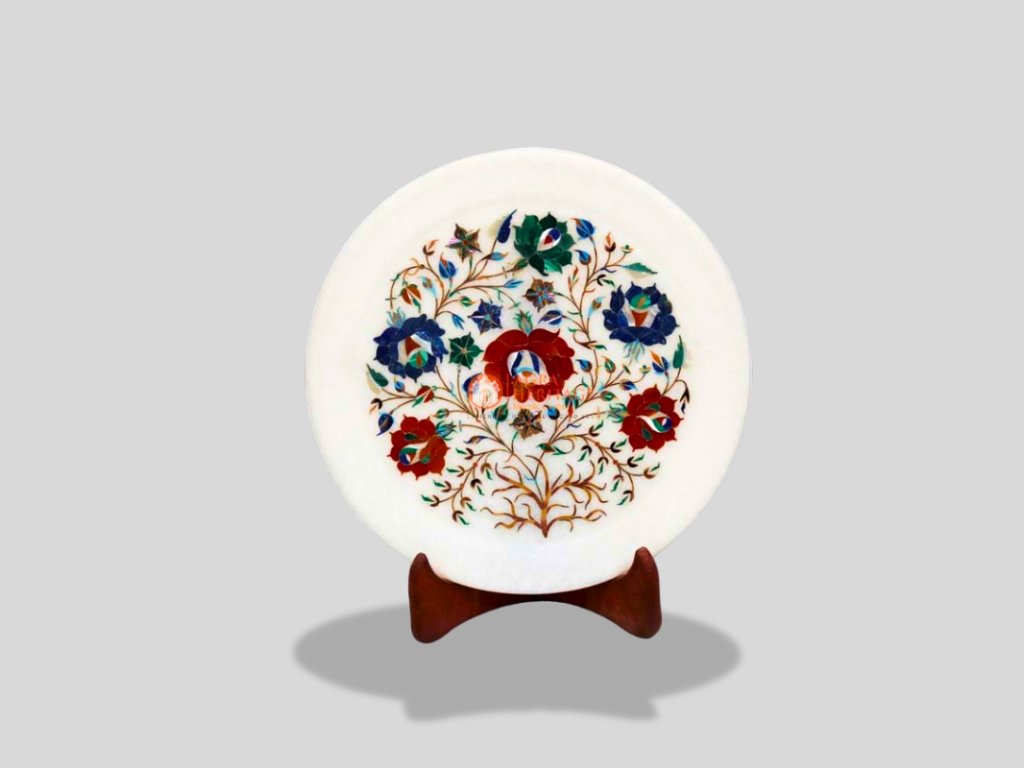 White Decorative Plate Carnelian Marquetry Floral Stone Art