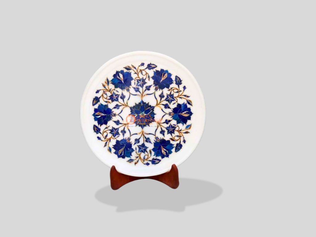 White Handmade Decorative Plate Lapis Floral Marquetry Art