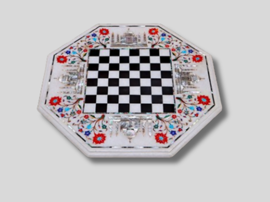 White Italian Marble 18" Chess Board Table Inlay Semiprecious Stone Marquetry Gifts