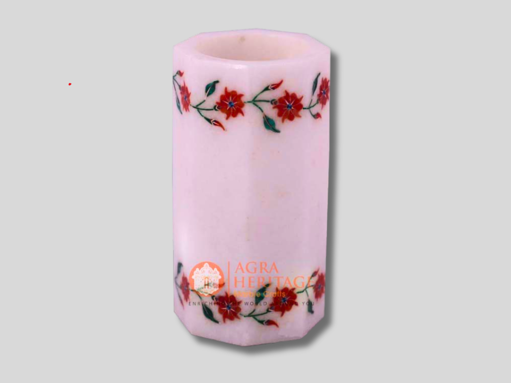 White Marble Candle Holder Inlay Beautiful Floral Design