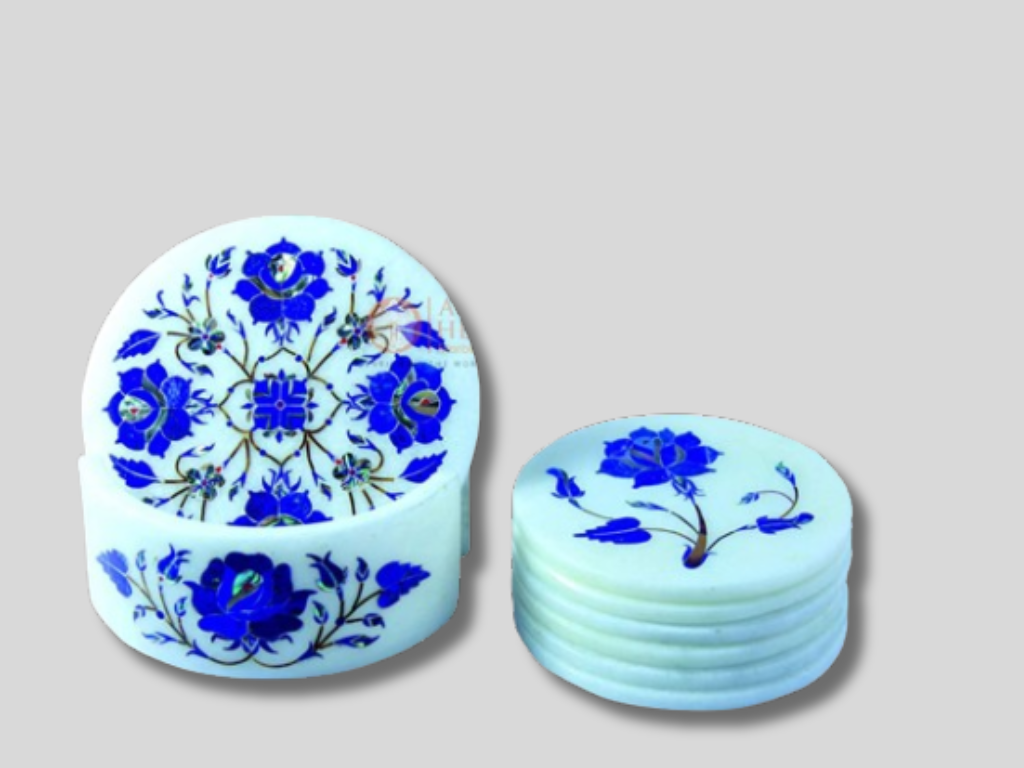 White Marble Coaster Set Lapis Lazuli Floral Inlay Art