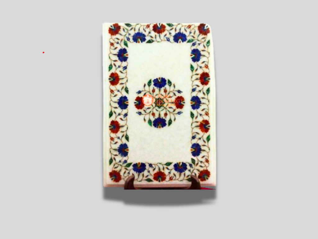 White Marble Lapis Semi Precious Inlaid Floral Stone Art Table Top