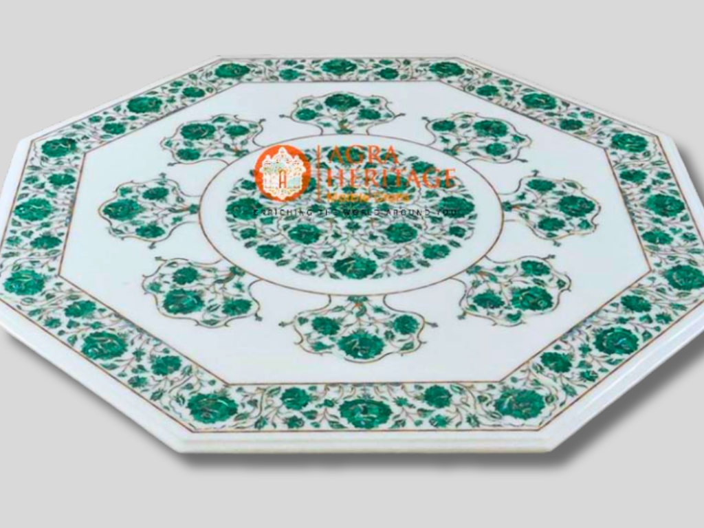 White Marble Malachite Pietradura Inlaid Floral Table Top