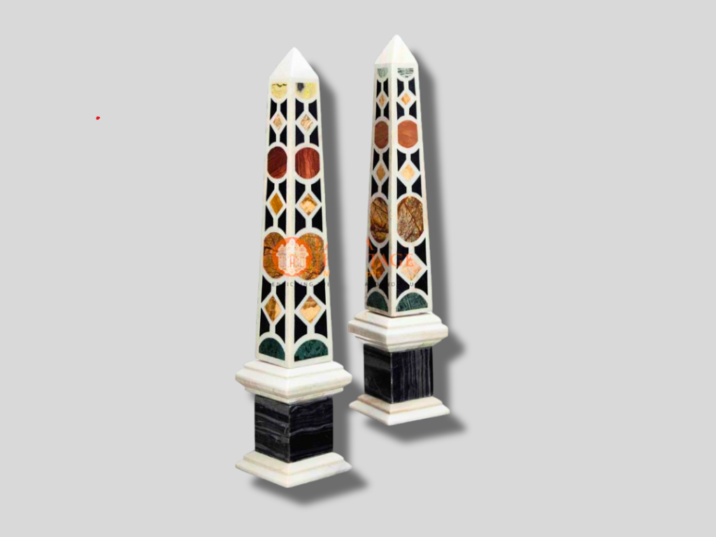 White Marble Pair of Obelisks Specimen with Italian Arts