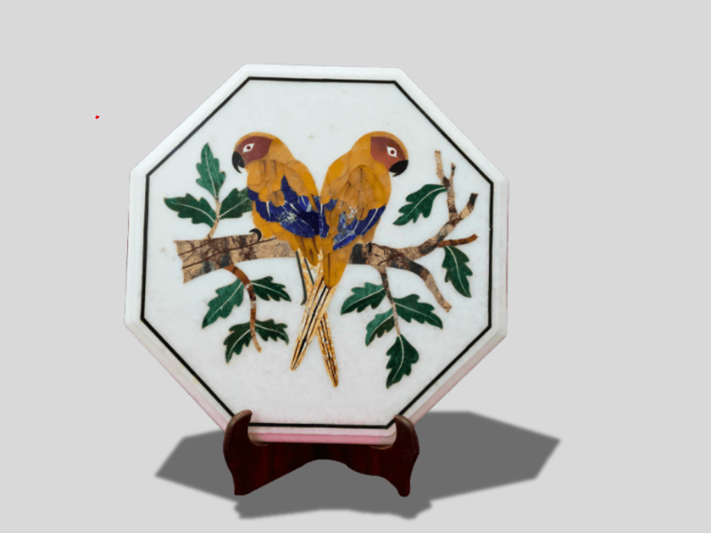 White Marble Parrot Art Multi Color Floral Coffee Table Top