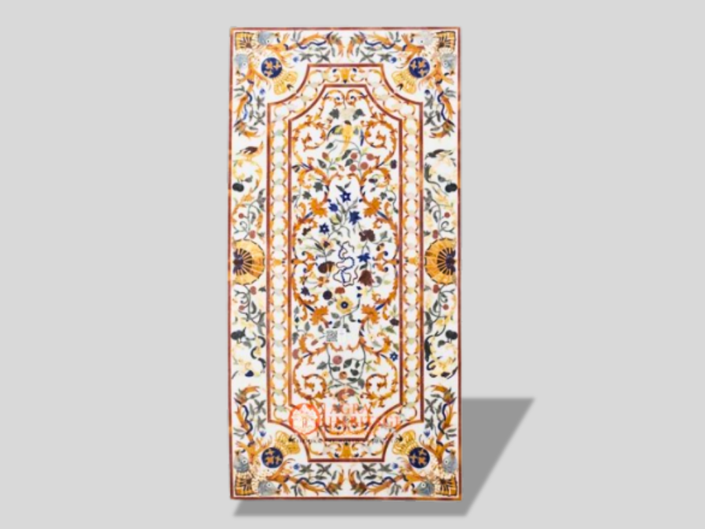 White Marble Pietra Dura Dining Table Top Inlay Design