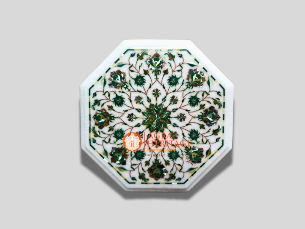 White Marble Small Coffee Table Top Malachite Inlay Floral Arts