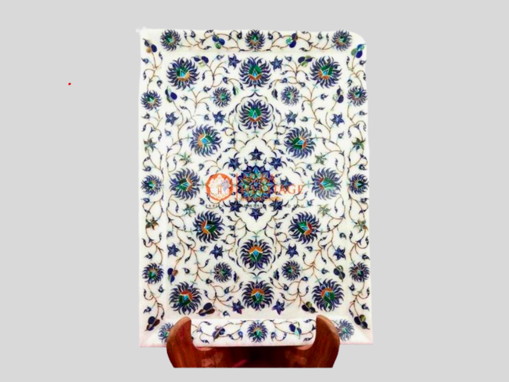 White Marble Tray Lapis Floral Art